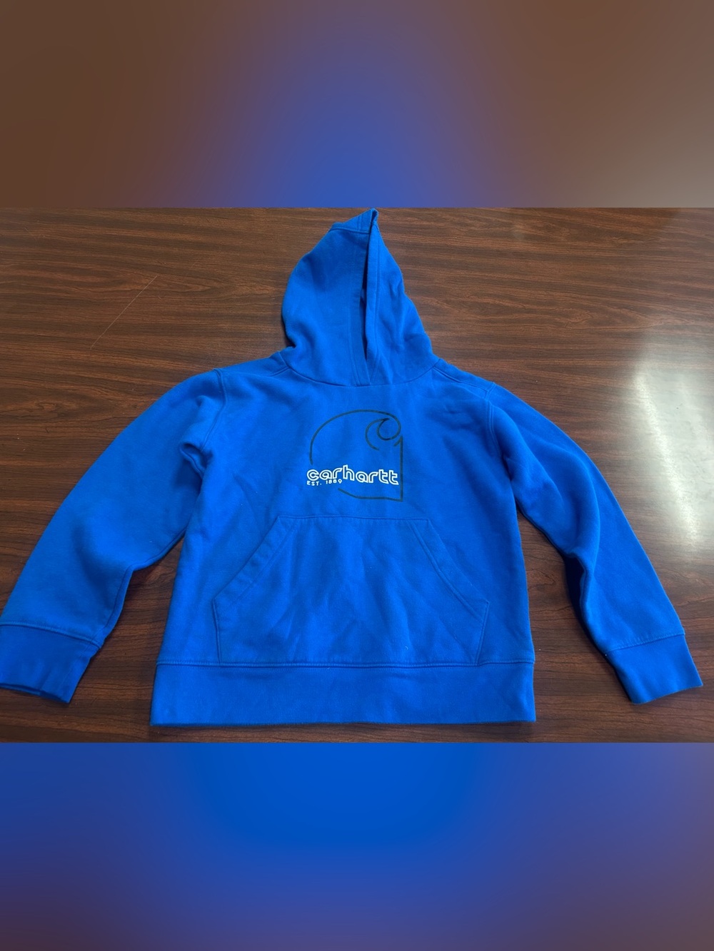 Carhartt Boys Blue Fleece Pullover Hoodie Logo Pockets Size small  (8-10)